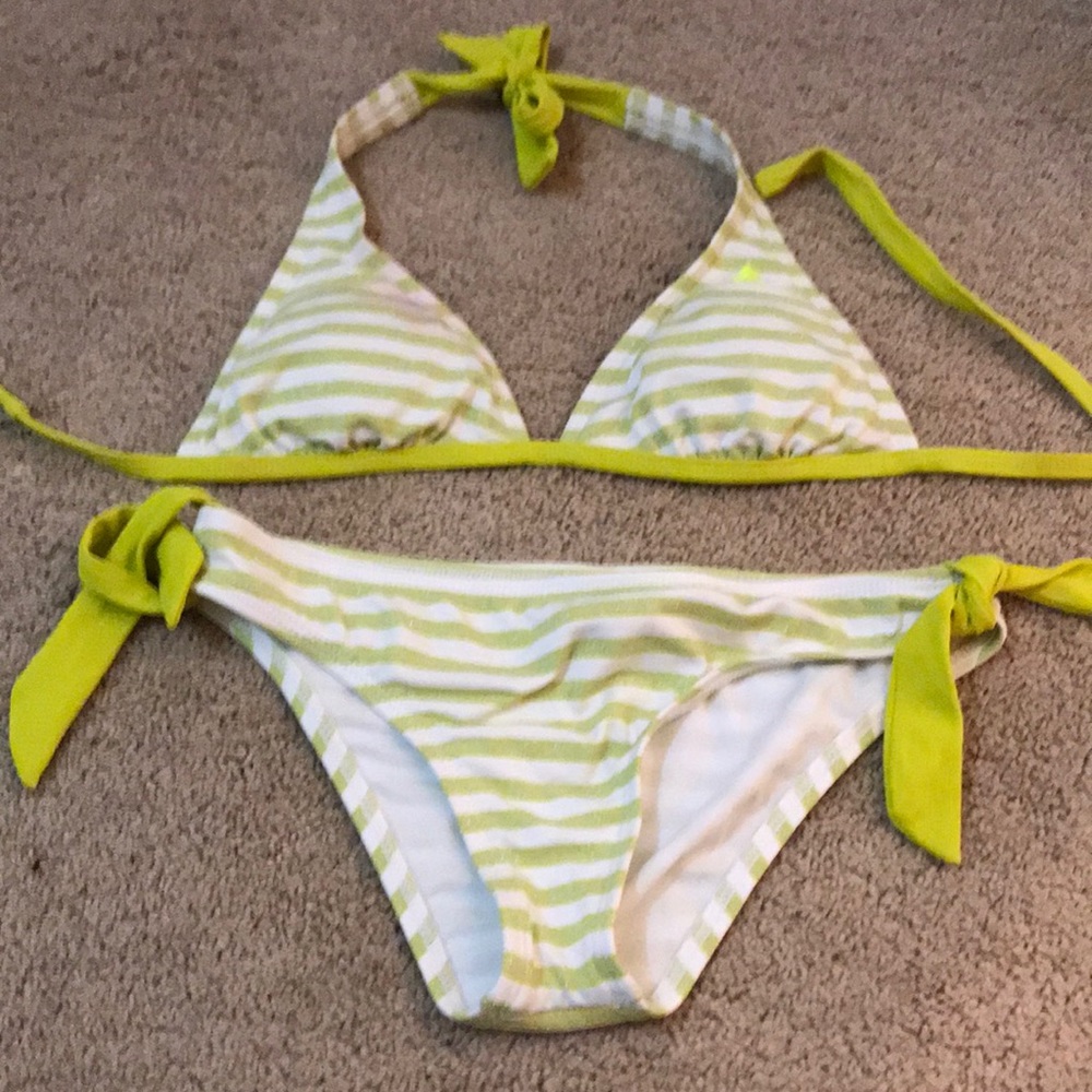Lime green & white striped Reef bathing suit